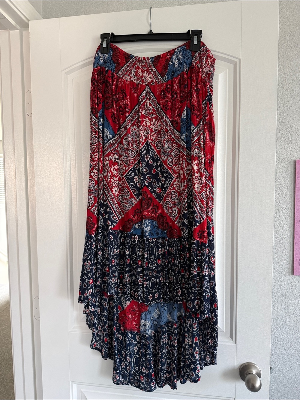 Bila Red and Navy Boho High-Low Patchwork Skirt